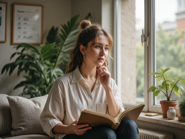 تصویری از یک زن جوان که کنار پنجره نشسته و در حال تأمل است. دفترچه‌ای در دست دارد و نور ملایم از پنجره به چهره‌اش می‌تابد. یک گیاه کوچک روی طاقچه پنجره و یک برنامه روزانه ساده در پس‌زمینه دیده می‌شوند که نماد امید و قدم‌های کوچک رو به جلو هستند.