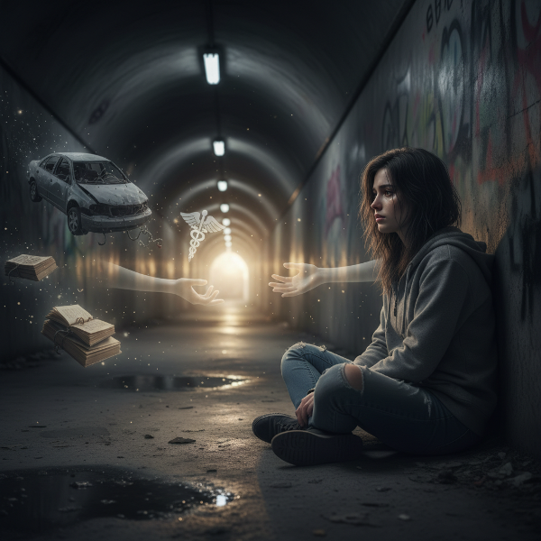 تصویری نمادین از یک زن جوان در تونلی تاریک که به سمت نور دوردست می‌نگرد، در حالی که تصاویری از حوادث آسیب‌زا در اطرافش محو می‌شوند و دستانی از نور به سویش دراز شده‌اند.