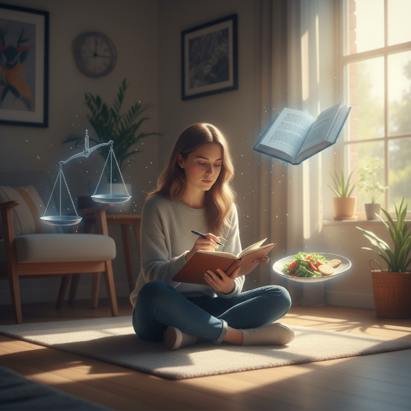 تصویری نمادین از یک زن جوان درگیر افکار کمال‌گرایانه و وسواس نسبت به کار، درس و غذا، با نمادهایی از اضطراب و نوری از امید.