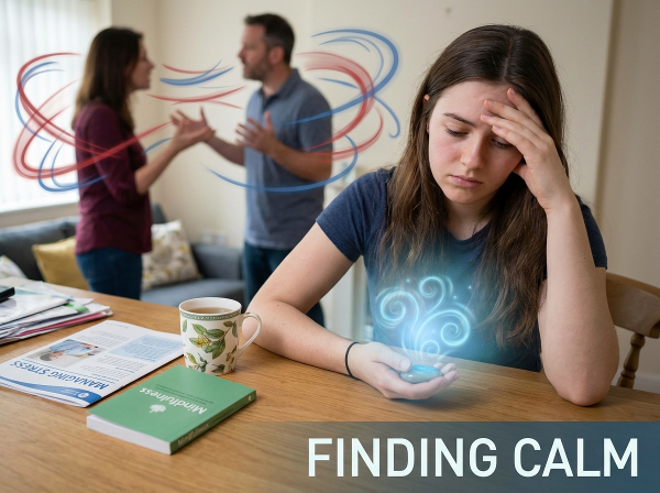 تصویری نمادین از یک دختر جوان که استرس و درگیری خانوادگی را به شکل ابرهای تیره و سردرد و معده‌درد به صورت نورهای آشفته تجربه می‌کند، در حالی که عناصر آرامش‌بخش مانند تنفس عمیق و حمایت روانشناختی او را احاطه کرده‌اند.