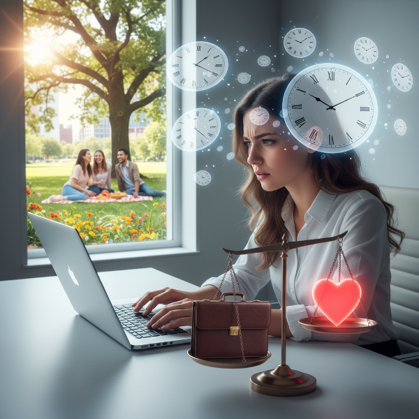 تصویری از یک زن جوان در محیط کار که تحت فشار است، در حالی که نمادهایی از تعادل بین کار و زندگی شخصی در کادر دیده می‌شود.