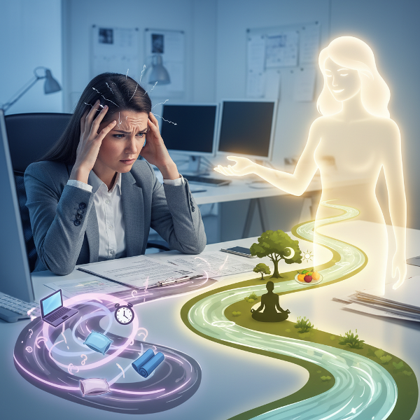 تصویری نمادین از یک زن جوان در محیط کار تحت فشار، در حال دریافت راهنمایی‌های روانشناختی برای ایجاد تعادل بین پیشرفت شغلی و سلامت روان.