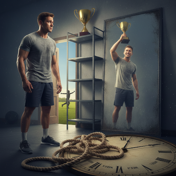 Nuori urheilija kokee ahdistusta menneen menestyksensä ja nykyisen epävarmuutensa ristipaineessa. Kuvassa näkyy hahmon jännittynyt nykyhetki ja luottavainen heijastus menneisyydestä.