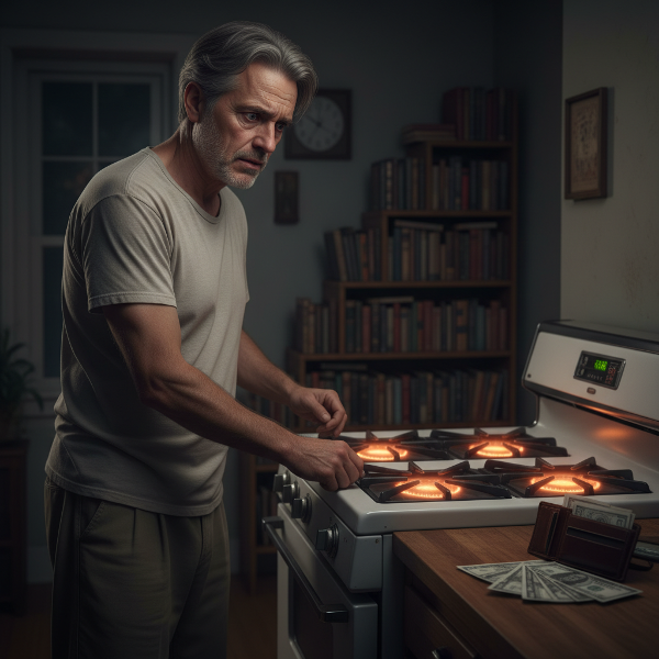 Mies tarkistaa pakonomaisesti kaasulieden säätimiä illalla, kuvaten ahdistusta ja pakko-oireisia tapoja.