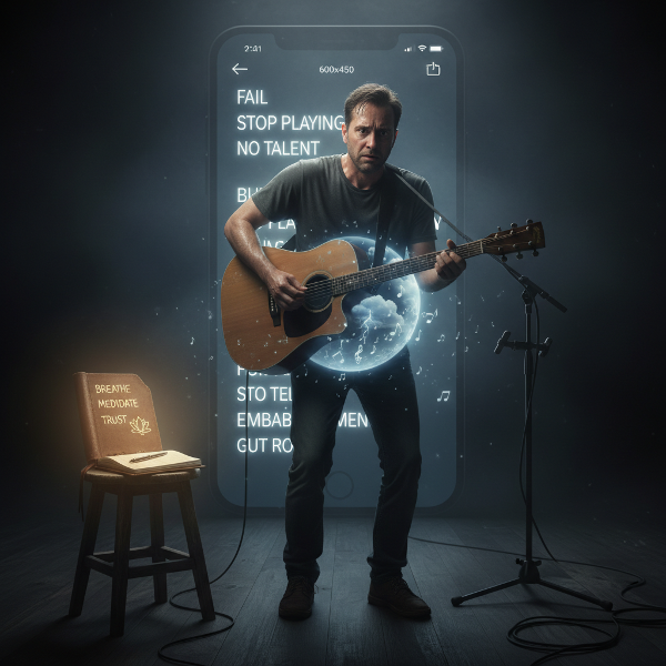 Freelance-muusikko lavalla, jonka vatsassa näkyy myrskyisiä pilviä ja nuotteja, taustalla negatiivisia some-kommentteja. Lähellä on terapeutin muistikirja, joka symboloi apua psykosomaattisten oireiden hallintaan.