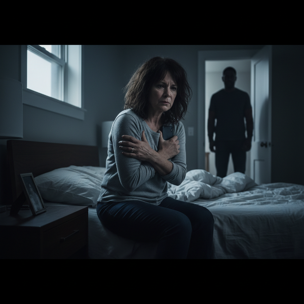 Nainen istuu sängyllä jännittyneenä, puhelin kädessä, kun puolison varjo tarkkailee ovensuussa. Tunnelma on ahdistunut ja kylmä, mikä kuvaa luottamuksen murentumista ja seksuaalisen läheisyyden väistymistä parisuhteessa.