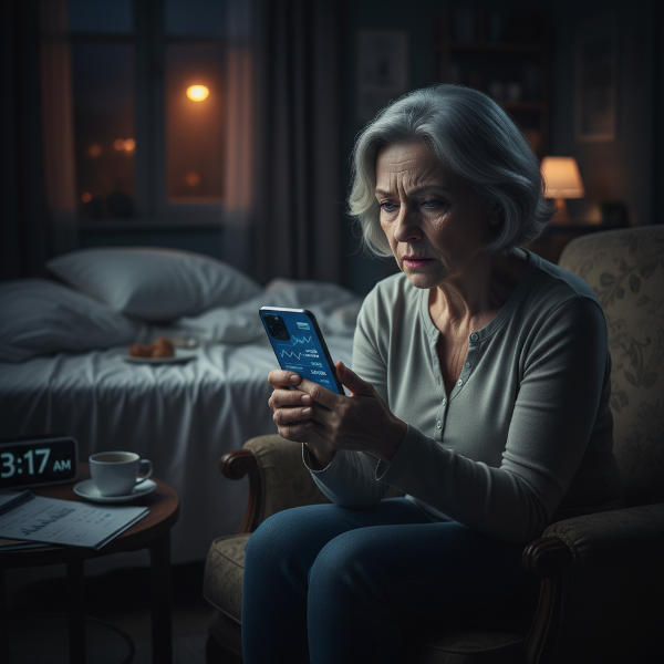 60-vuotias nainen tarkistaa ahdistuneesti pankkitiliään puhelimella öiseen aikaan, mikä kuvaa pakonomaista käyttäytymistä ja unihäiriöitä.