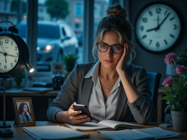 Ahdistunut keski-ikäinen nainen toimistotyössä, tarkistaa pakonomaisesti puhelintaan some-sovelluksia, myöhässä tärkeästä kokouksesta. Tyttärensä kuva pöydällä symboloi huolen aihetta.