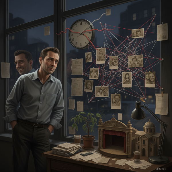 Väsynyt taiteellinen johtaja työhuoneessaan, ympärillään visuaalisia vertauskuvia monista velvollisuuksista, menneestä ilosta ja nykyisestä uupumuksesta.