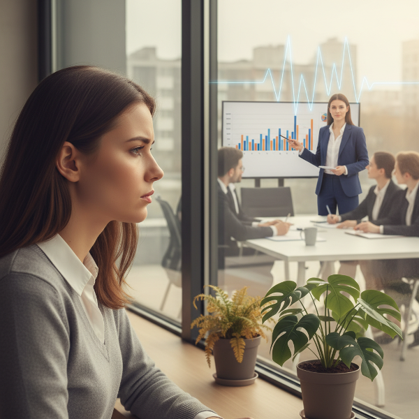 Nuori nainen toimistoympäristössä pohtii omaa heijastumistaan, joka näyttää varmemmalta versiona itsestään esiintymistilanteessa.