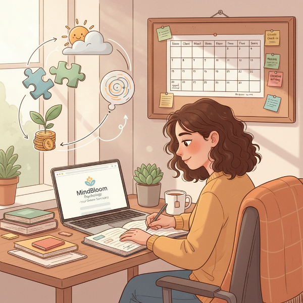 Nuori nainen rakentaa myötätuntoista ja joustavaa arkirutiinia kotitoimistossaan, ympäröitynä symboleilla ADHD:sta, autismista, taloudesta ja mielialasta.