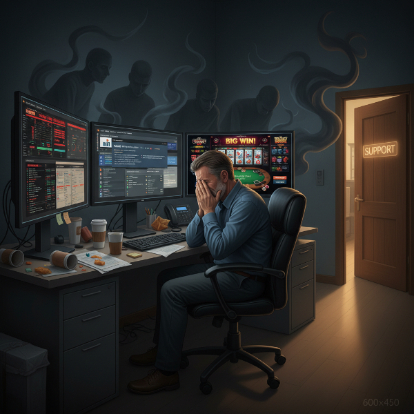 Kuva esittää loppuunpalaneen miehen työpöydällä, jossa näkyy työkuorma, sairaudenpelon aiheuttama nettihaku ja pakonomainen nettikasinopelaaminen, sekä mahdollisuus apun hakemiseen.