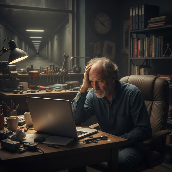 Uupunut IT-asiantuntija työpöytänsä ääressä, tyhjän näyttöpäätteen edessä. Hylätyt harrastusvälineet taustalla ja valonkipinä kaukana tunnelin päässä kuvaavat ammatillista loppuunpalamista ja identiteettikriisiä.