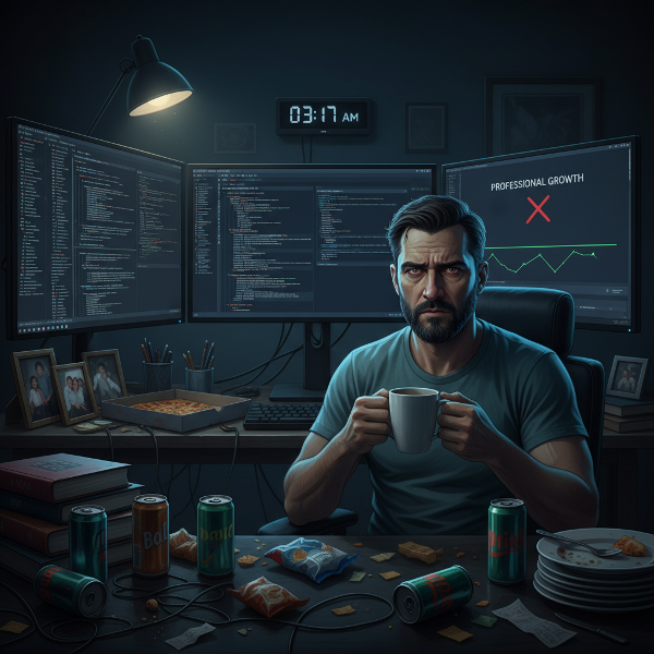 Uupunutta etätyöntekijää myöhään yöllä tietokoneen äärellä, ammatillisen kehityksen pysähtymisen ja stressin kuvastamiseksi.