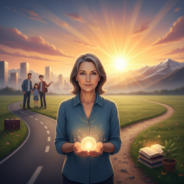 Nainen elämän risteyksessä, uuden tien edessä, symboloiden ura- ja henkilökohtaista muutosta.
