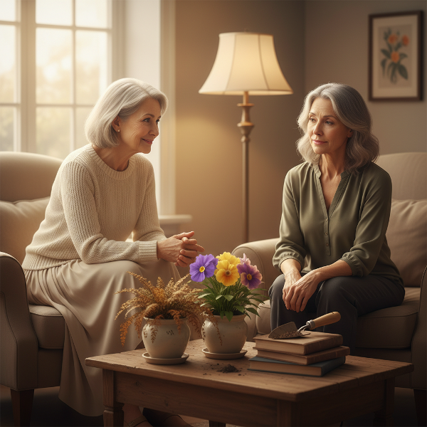 Psykologi kuuntelee empatisesti väsynyttä naista, ja heidän välillään on kuvallinen esitys uupumuksesta ja toipumisesta.