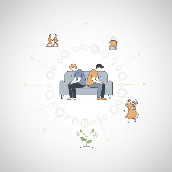 Pari sohvalla rutiinin kehässä, jonka ulkopuolella on kuvioituja reittejä yhteiseen elämykseen ja kasvuun.