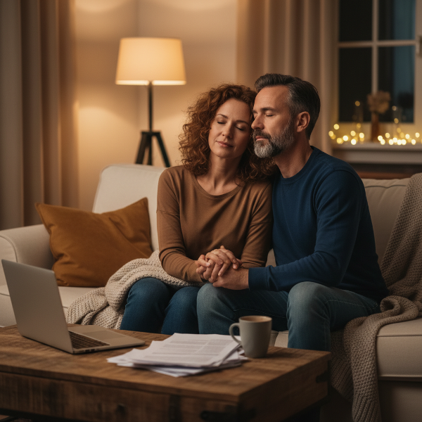 Pariskunta istuu rauhallisesti sohvalla, keskittyen hengitykseen ja kevyeseen kosketukseen arjen kuormituksen keskellä, etsien spontaania läheisyyttä.