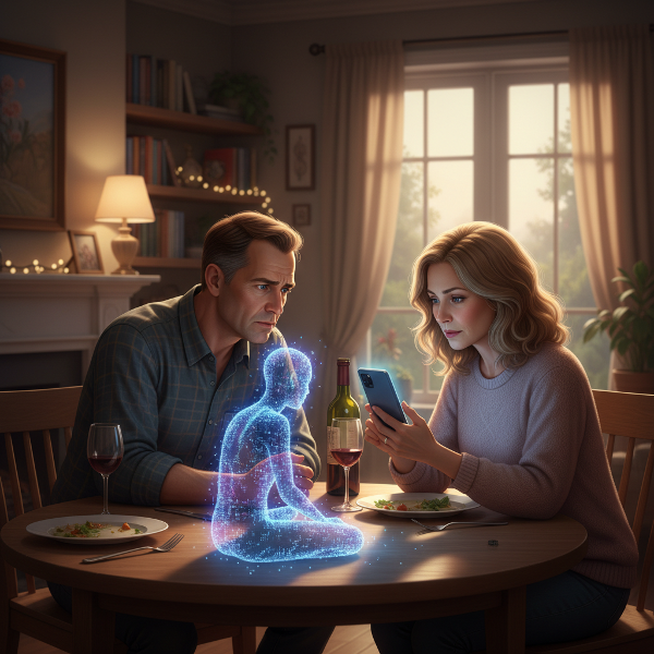 Pariskunta ruokapöydässä, jossa nainen on uppoutunut puhelimeensa ja mies tuntee syrjäytyneen olonsa, puhelin symbolisena kolmantena osapuolena.