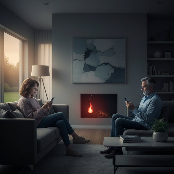 Pari istuu sohvalla etäällä toisistaan, kumpikin omassa puhelimessaan, heidän välillään sammumassa oleva kipinä symboloi yhteyden katoamista.