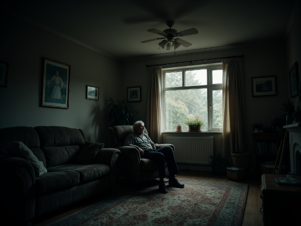 57-vuotias mies istuu yksin himmeästi valaistussa olohuoneessa tuijottaen ikkunasta huonokuntoista puutarhaa. Hänen veltto asentonsa ja ympärillä olevat käyttämättömät puutarhatyökalut sekä perhevalokuvat kuvaavat elämänilon katoamista ja sisäistä tyhjyyttä.