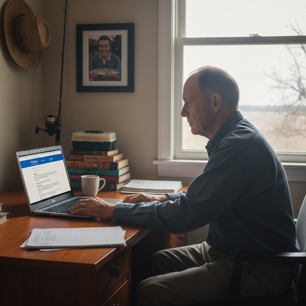 Kuva esittää 60-vuotiasta miestä työpöytänsä ääressä tarkastelemassa verkkopsykologipalvelun näyttöä. Ikkunalla näkyy käyttämättömät kalastustarvikkeet ja kirjat. Kuvan värit muuttuvat eloisista tylsiksi, kuvaamassa intohimon hiipumista ja välinpitämättömyyden tunnetta.