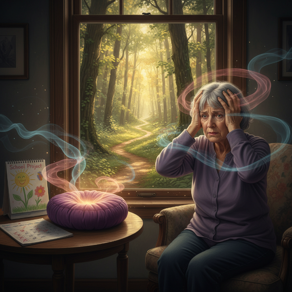 Ikääntynyt nainen kamppailee ahdistuksen ja psykosomaattisten oireiden kanssa kotonaan, kun perinteiset rentoutusmenetelmät eivät auta.