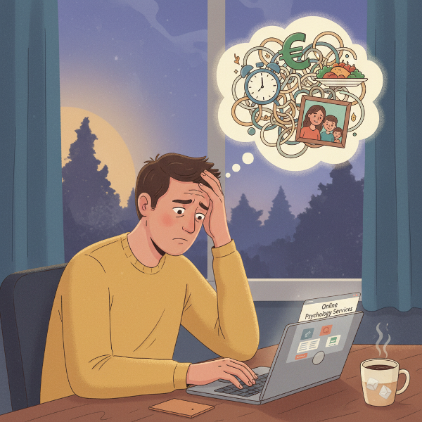 Stressaantunut isä ja yrittäjä kotitoimistossaan, taistelemassa taloudellisen paineen, viivästelyn ja perhevastuiden kanssa.