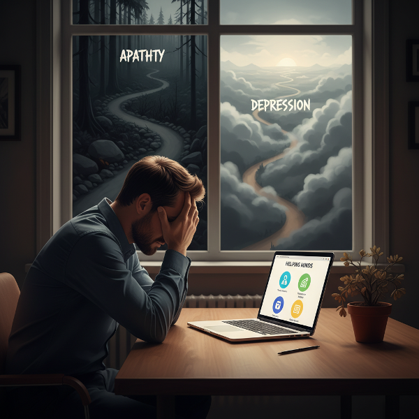 Väsynyt mies-entrepreneur työpöytänsä ääressä tarkastelee psykologipalveluiden verkkosivustoa, sisäisen tyhjyyden ja väsymyksen ollessa läsnä. Kuvassa on vertauskuva masennuksen ja apatian eroista.