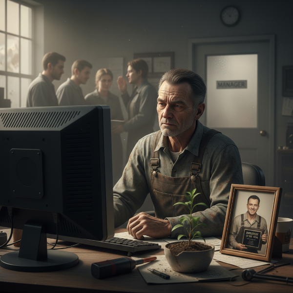 Väsynyt tehdastyöntekijä istuu työpöytänsä ääressä myrkyllisessä toimistoympäristössä, kyseenalaistaen itseään, mutta ainoa valonsäde valaisee muiston menneestä menestyksestä.