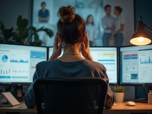 Nainen työpöytänsä ääressä teknologia yrityksessä, uupuneena useiden projektien ja perhevastuiden ristipaineessa.