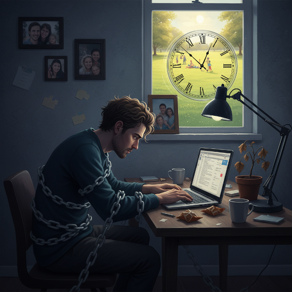 Freelancerin työn ja vapaa-ajan rajojen hämärtymistä kuvaava kuva, jossa suunnittelija on vangittuna työhönsä kotitoimistossaan yöllä, kun vapaa-aika näkyy saavuttamattomana ikkunan takana.