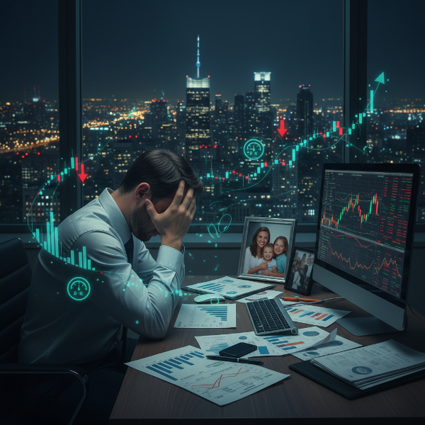 Uupunut sijoitusneuvoja modernissa toimistoyössä, ympäröitynä työpaineiden symboleilla, kun taas hänen kotielämänsä näyttää kaukaiselta.