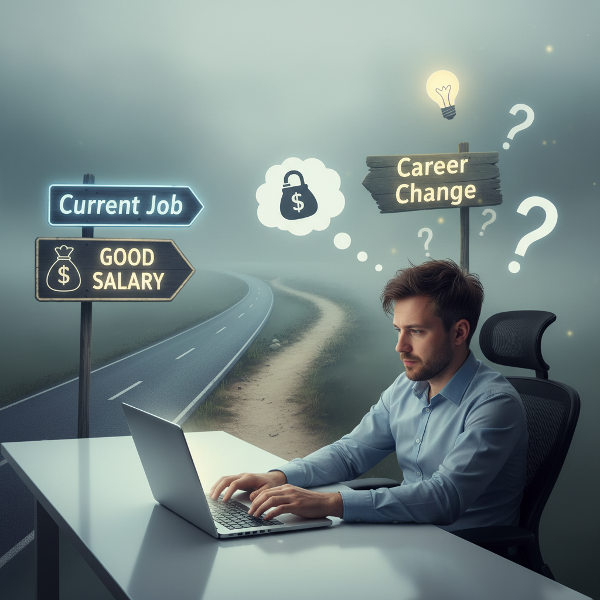 Uupunut mies työpöytänsä ääressä miettii uranvaihtoa, katsoen kahden tien risteykseen, jossa toinen tie on selkeä mutta uuvuttava ja toinen epävarma mutta mahdollisuuksia täynnä.