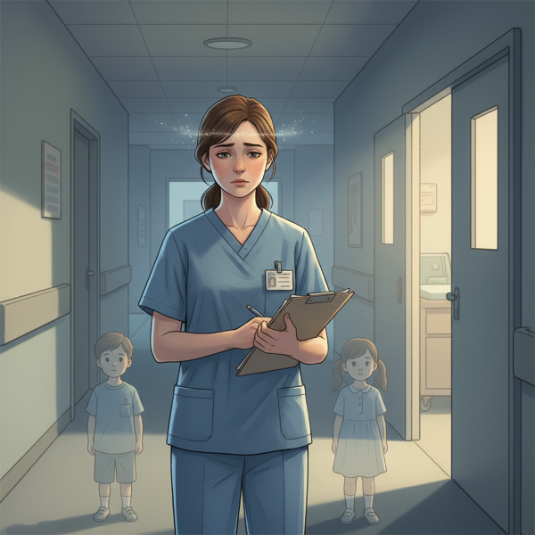 Väsynyt sairaanhoitaja sairaalakäytävällä yöllä, symboloiden työn kuormitusta ja yksinhuoltajuuden haasteita.