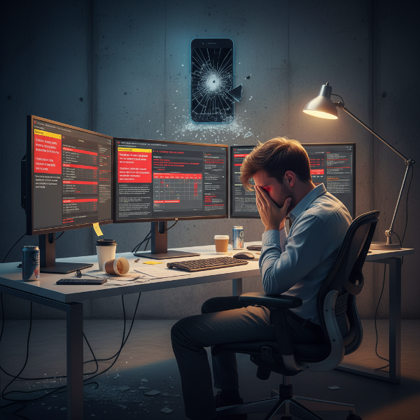 Nuori mies tietokoneen ääressä modernissa toimistossa, väsyneenä ja turhautuneena. Taustalla murskautunut puhelin seinää vasten. Kuvassa välittyy työuupumuksen ja emotionaalisen kuormituksen tunne.