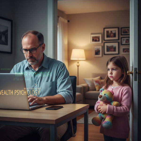 Isä työskentelee stressaantuneena kotitoimistossaan, kun hänen pieni tyttärensä katsoo häntä surullisesti ovensuussa. Kuva välittää jännitettä kunnianhimoisen työn ja perheen tarpeiden välillä.