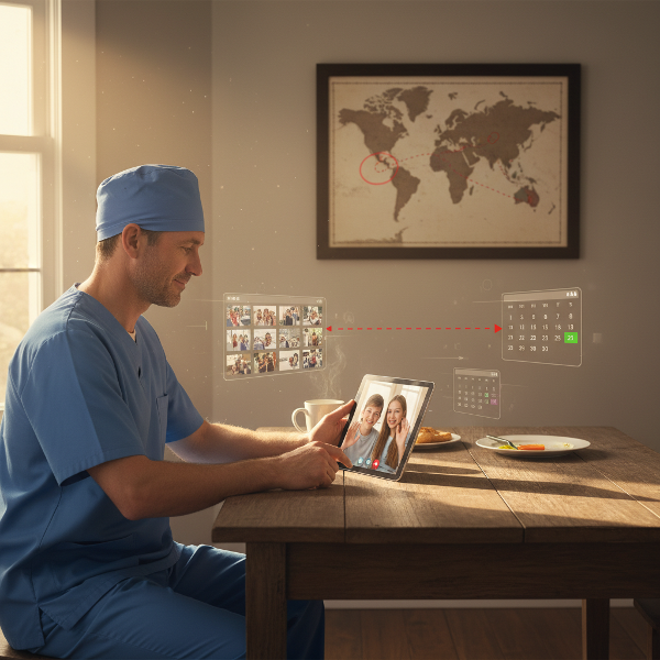 Isä sairaanhoitajan univormussa pitää videopuhelua lapsiinsa, jotka ovat muuttaneet kauas. Kuva välittää etäisyydestä huolimatta säilyvää läheisyyttä ja yhteydenpitoa.