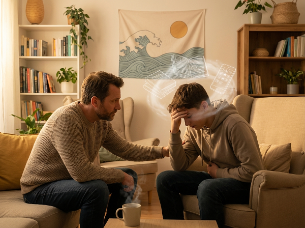 Isä tukee teini-ikäistä poikaansa, jolla on päänsärkyä ja vatsakipuja stressin vuoksi, korostaen turvallista keskusteluympäristöä ja emotionaalista tukea.