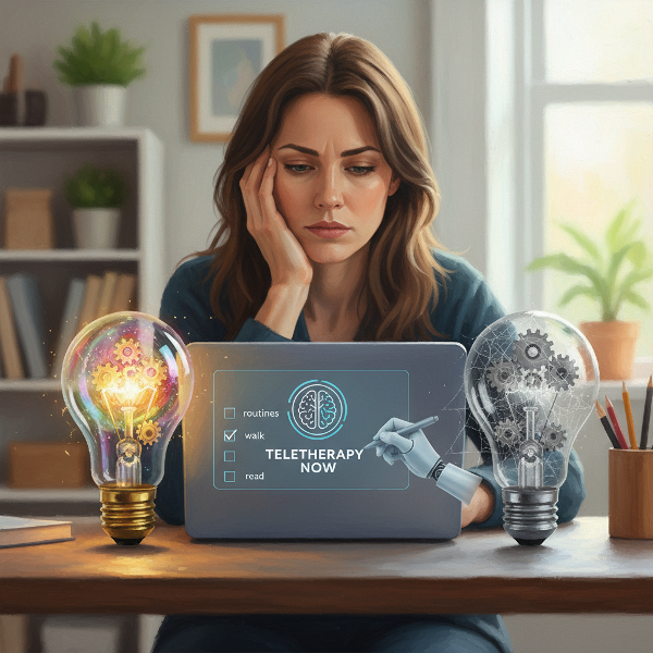 Nainen miettii työpöytänsä ääressä, kun intohimon symboloiva hehkulamppu on himmentynyt ja pölyyntynyt, kuvaamaan ammatillista uupumusta ja sisäistä pohdintaa.