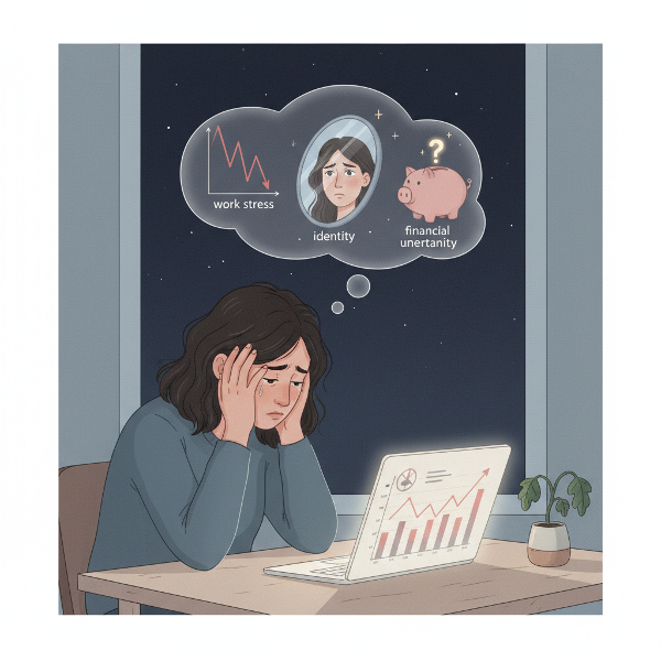 Naisyrittäjä työpöytänsä ääressä kokemassa ristiriitaista työstressiä, identiteettikysymyksiä ja taloudellista epävarmuutta.