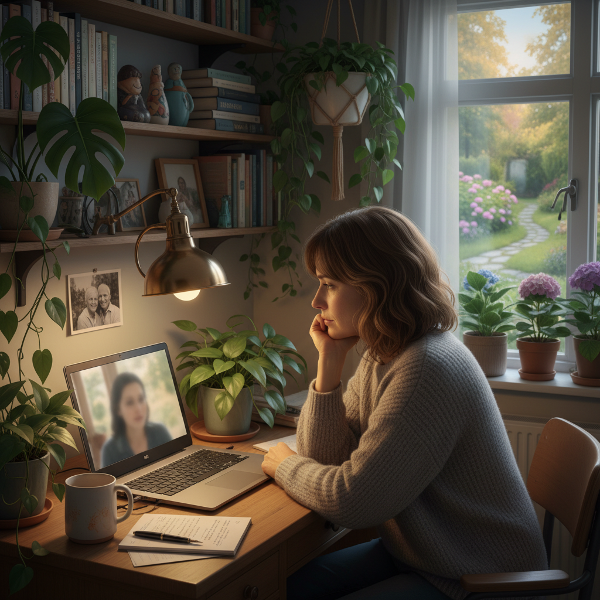 Nainen kotitoimistossaan etäpsykologina, ympärillä lämpimiä yksityiskohtia mutta tunnelma yksinäinen, kuvaamassa työn ja eristyneisyyden ristiriitaa.
