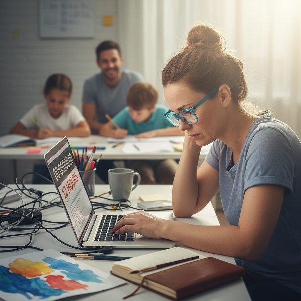Nainen kokee työuupumusta etätyössä ja etsii tapoja asettaa rajoja sekä löytää sisäistä rauhaa perhe-elämän ja työn keskellä.