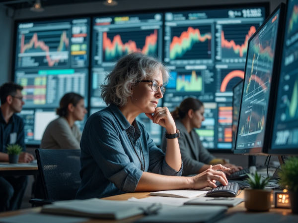 Kuva 50-vuotiaasta naisesta rahoitustoimistossa, joka keskittyy systemaattiseen oppimiseen ja keskittymistekniikoihin nuorempien kollegoiden nopeatempoisessa ympäristössä.