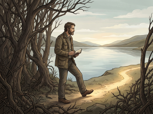 Symbolinen kuva miehestä, joka ottaa ensimmäisen askeleen pois vaikeiden perhesuhteiden ja sosiaalisen ahdistuksen metsästä kohti itseään löytämisen polkua.