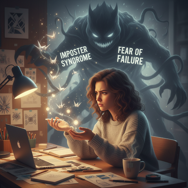 Nuori naispuolinen freelancer-graafinen suunnittelija työskentelee työpöytänsä ääressä. Lämpimässä valossa hänen ympärillään leijuvat pienenäkin koetut onnistumiset, mutta taustalla kummittelee epäonnistumisen pelon varjo.