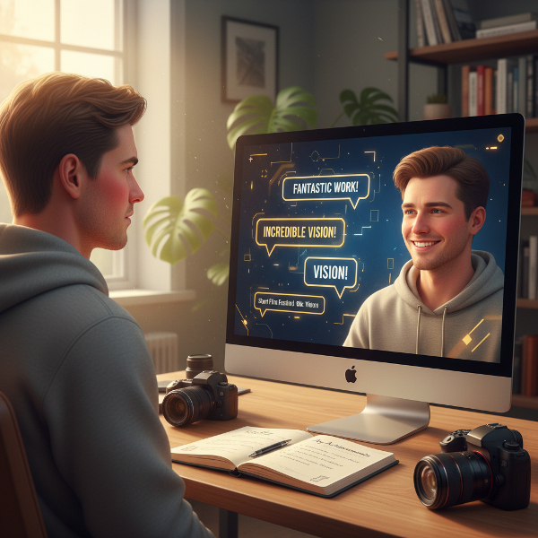 Nuori freelancer-kuvaaja kamppailee itseluottamuksen kanssa työhuoneessaan, katsoen peilikuvaansa tietokonenäytöllä, joka näyttää positiivista asiakaspalautetta.