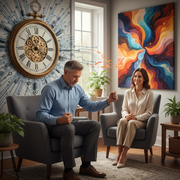 Mies terapiahuoneessa, kamppailee jäykkien pakko-oireiden ja spontaanin elämän välillä.