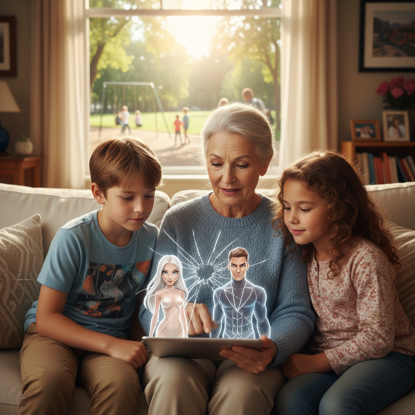 Isoäiti auttaa lastenlapsiaan ymmärtämään sosiaalisen median vääristynyttä todellisuutta turvallisessa ja lämpimässä kotiolossa.