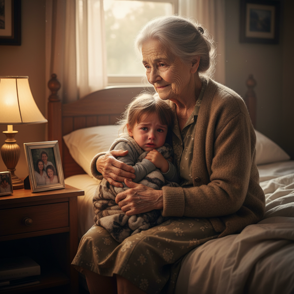 Läheinen mummo lohduttaa pelokasta lastenlastaan yöllä, heijastaen sekä rakkautta että huolta omasta voimavarojen riittävyydestä.